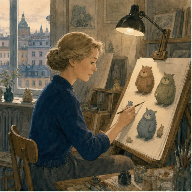 An artist paints small Moomin-like characters at a drawing desk overlooking a European city.