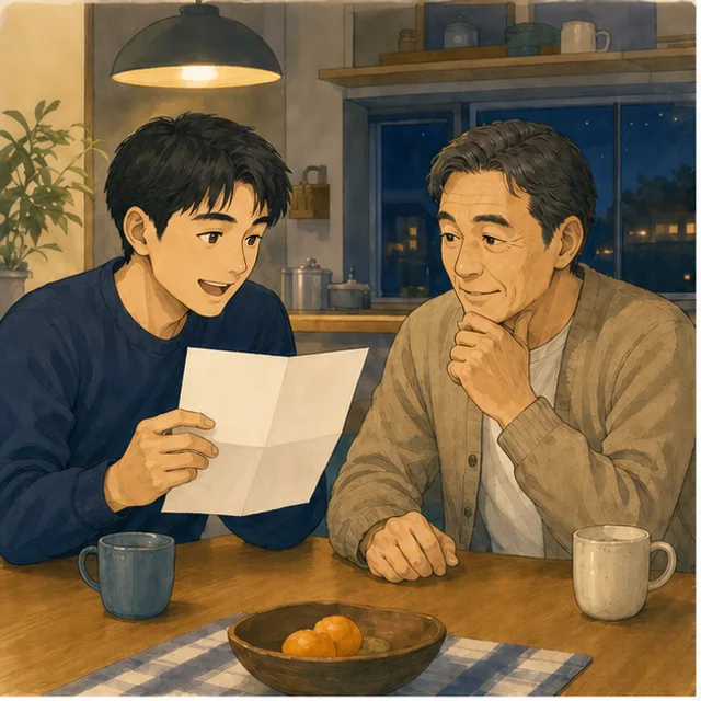 A young man shares an internship letter with his father at their kitchen table.