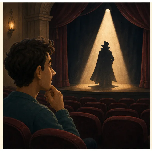 An adult learner watches an original shadowy theatre character under a spotlight, illustrating how possible danger guides attention.
