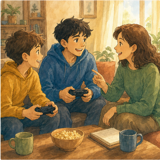 English lesson illustration for Playing Video Games scene 4: Team Games And Friends and 5. Why People Like Games