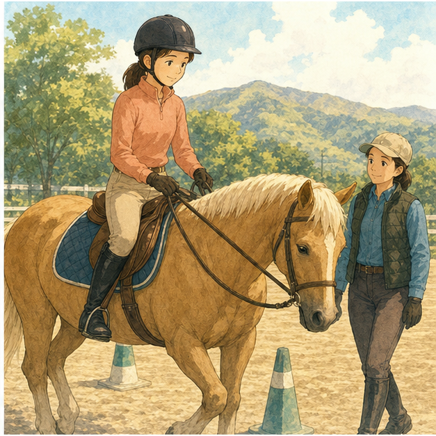 English lesson illustration for Horse Riding: Ride Slowly and Safely scene 2: Saddle, Reins, and Simple Moves