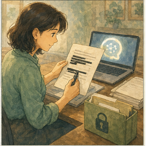 Illustration 5: Show an office worker removing private details from a document before using an AI assis...