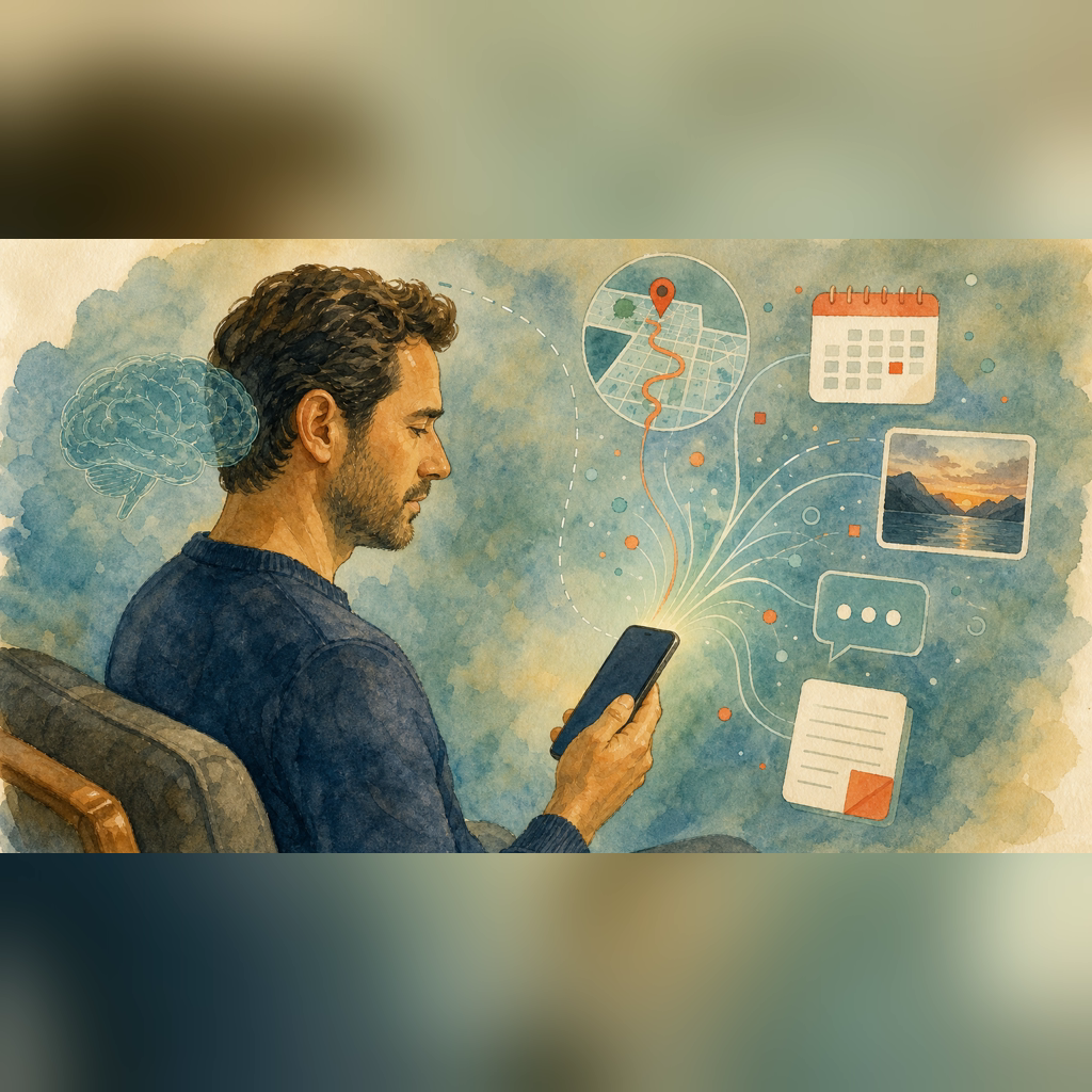 Illustration 3: Maps, a calendar, photos, messages, and notes flow from a phone to show external memory...