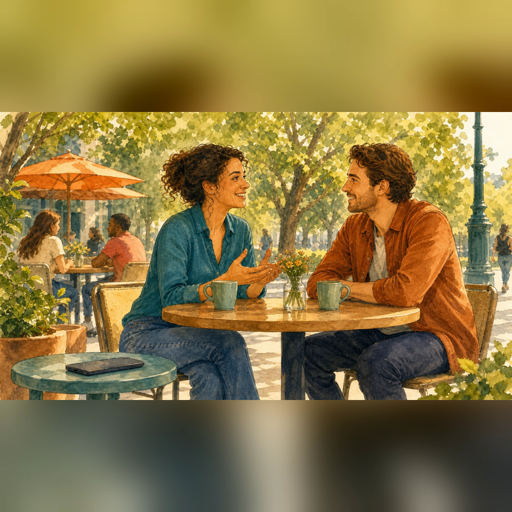 Illustration 4: Two friends talk face to face while a phone rests nearby, showing a healthy choice to c...