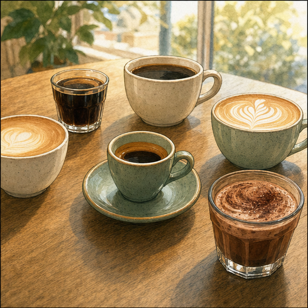 English lesson illustration for Coffee Knowledge 1: Espresso Foundations scene 2: Several different black and milk coffee drinks show how one espresso base becomes many drinks.