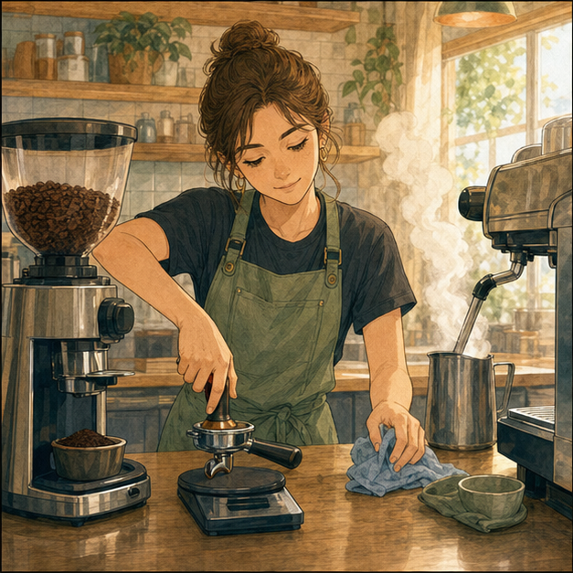 English lesson illustration for Coffee Knowledge 1: Espresso Foundations scene 3: The trainee weighs, tamps, steams, and cleans at an organised coffee bench.