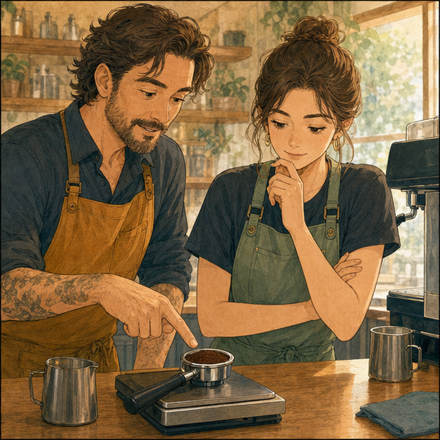 English lesson illustration for Coffee Knowledge 1: Espresso Foundations scene 4: The head barista teaches the trainee to measure and follow the cafe's house recipe.