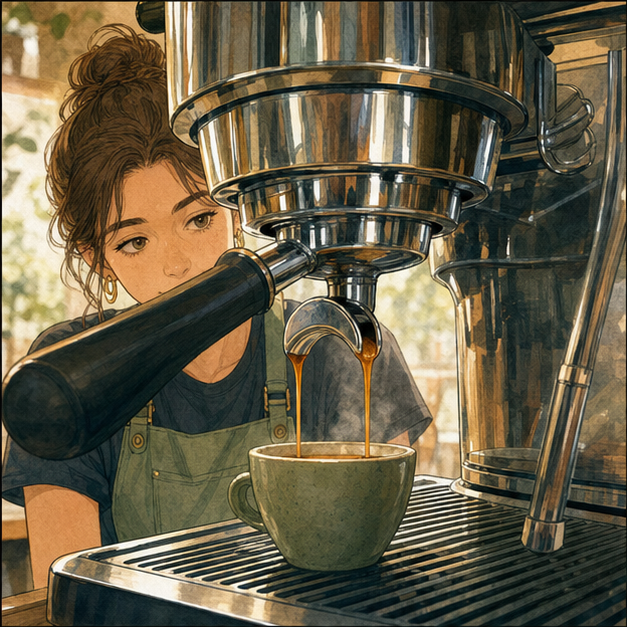 English lesson illustration for Coffee Knowledge 1: Espresso Foundations scene 1: A trainee watches espresso flow from a professional machine into a small cup.