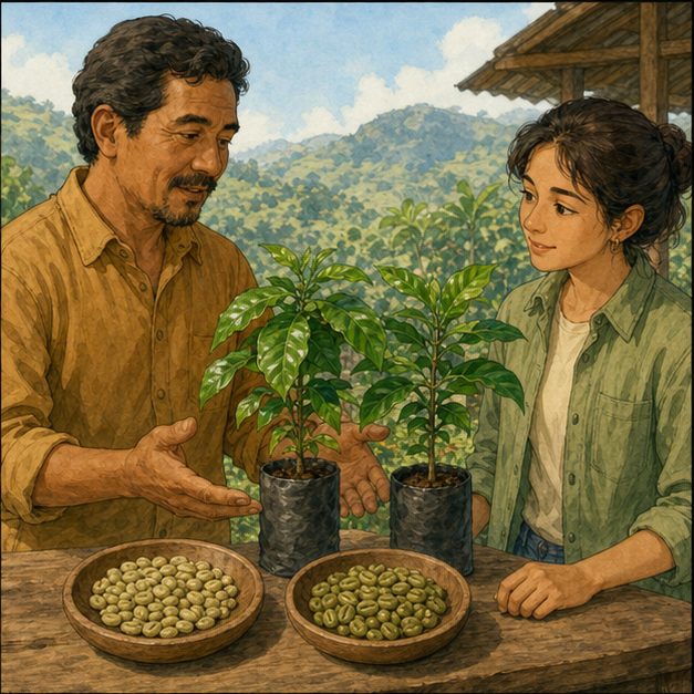 English lesson illustration for Coffee Knowledge 2: From Cherry to Bean scene 2: A producer and learner compare two healthy coffee plants and bowls of green beans.