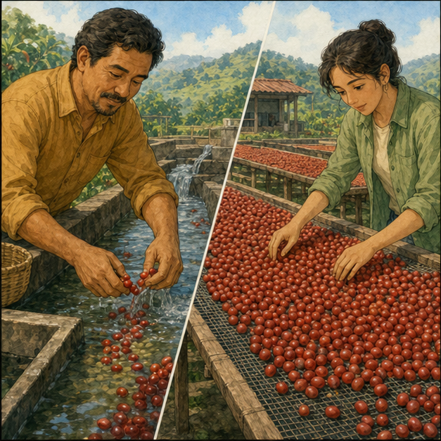 English lesson illustration for Coffee Knowledge 2: From Cherry to Bean scene 3: Fruit removal with water and whole-cherry drying beds show washed and natural processing.
