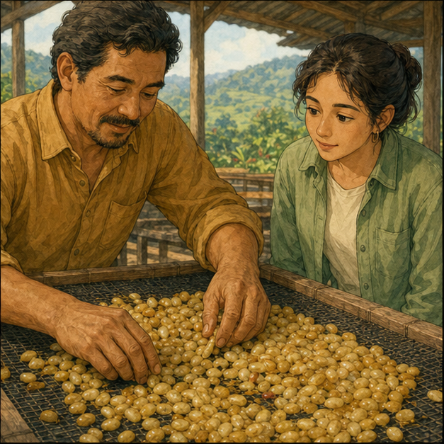 English lesson illustration for Coffee Knowledge 2: From Cherry to Bean scene 4: The producer turns pulped seeds with sticky fruit material during honey processing.