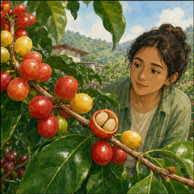 English lesson illustration for Coffee Knowledge 2: From Cherry to Bean scene 1: Ripe coffee cherries grow on a branch, and an opened cherry shows the pale seeds inside.