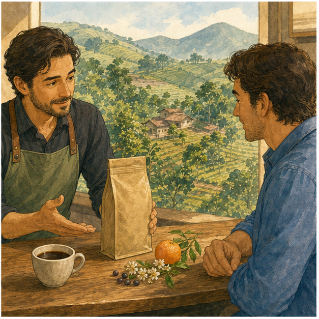 English lesson illustration for Coffee Knowledge 3: Blends, Origins, and Roasts scene 2: One coffee bag and cup are connected visually to one specific highland farm origin.