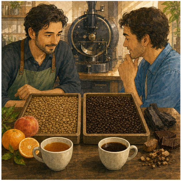 English lesson illustration for Coffee Knowledge 3: Blends, Origins, and Roasts scene 3: Light and dark roasted beans and cups are compared beside a small coffee roaster.