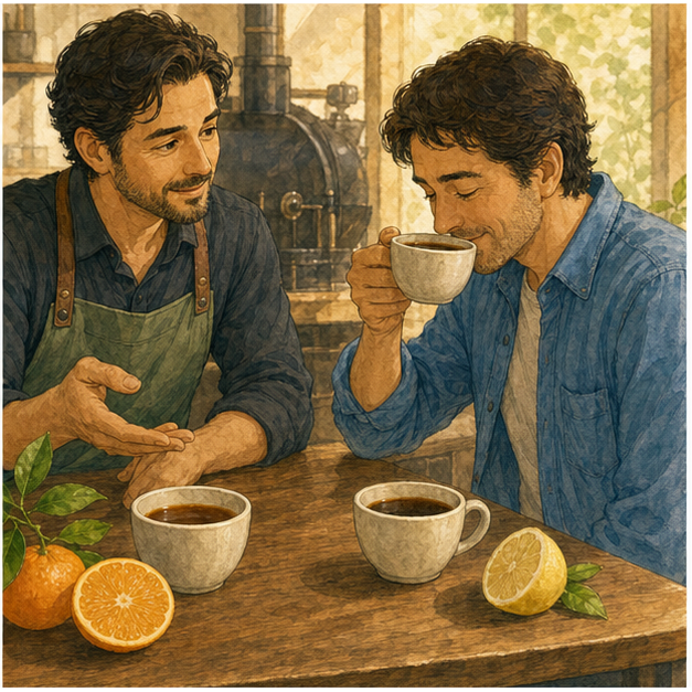English lesson illustration for Coffee Knowledge 3: Blends, Origins, and Roasts scene 4: A barista helps a customer compare bright balanced acidity with a sharper sour cup.
