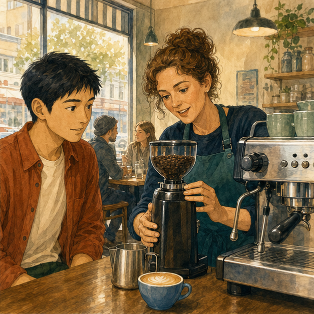 English lesson illustration for Working Holiday in Melbourne: Coffee, Culture, and Cafe Work scene 2: Step 2: Learn Melbourne Coffee Culture