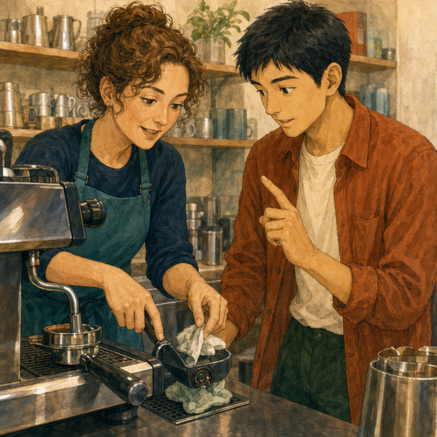 English lesson illustration for Working Holiday in Melbourne: Coffee, Culture, and Cafe Work scene 3: Step 3: Communicate on Your First Shift