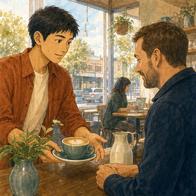 English lesson illustration for Working Holiday in Melbourne: Coffee, Culture, and Cafe Work scene 4: Step 4: Check the Order and Fix Problems
