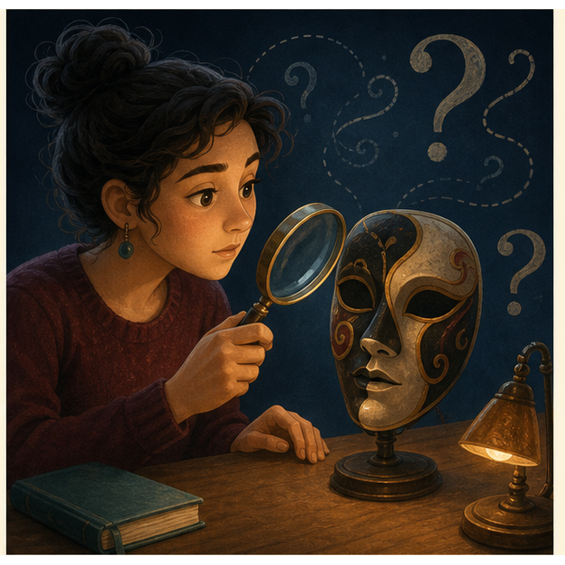 An adult learner safely studies an original theatrical mask with a magnifying glass, illustrating curiosity about dangerous minds.