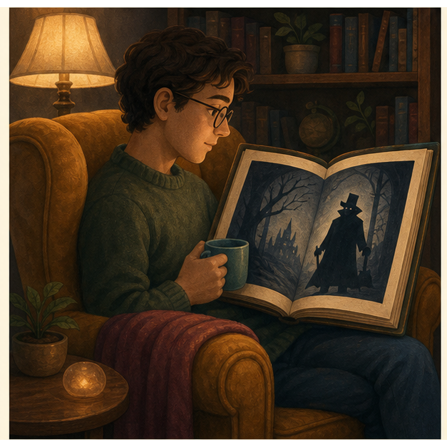 An adult reader sits safely in a warm room while a dark fictional figure remains inside a book, illustrating safe fear.