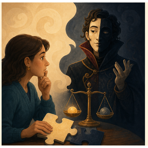 An adult learner considers an original half-light, half-shadow theatre character beside puzzle pieces and balanced choices.