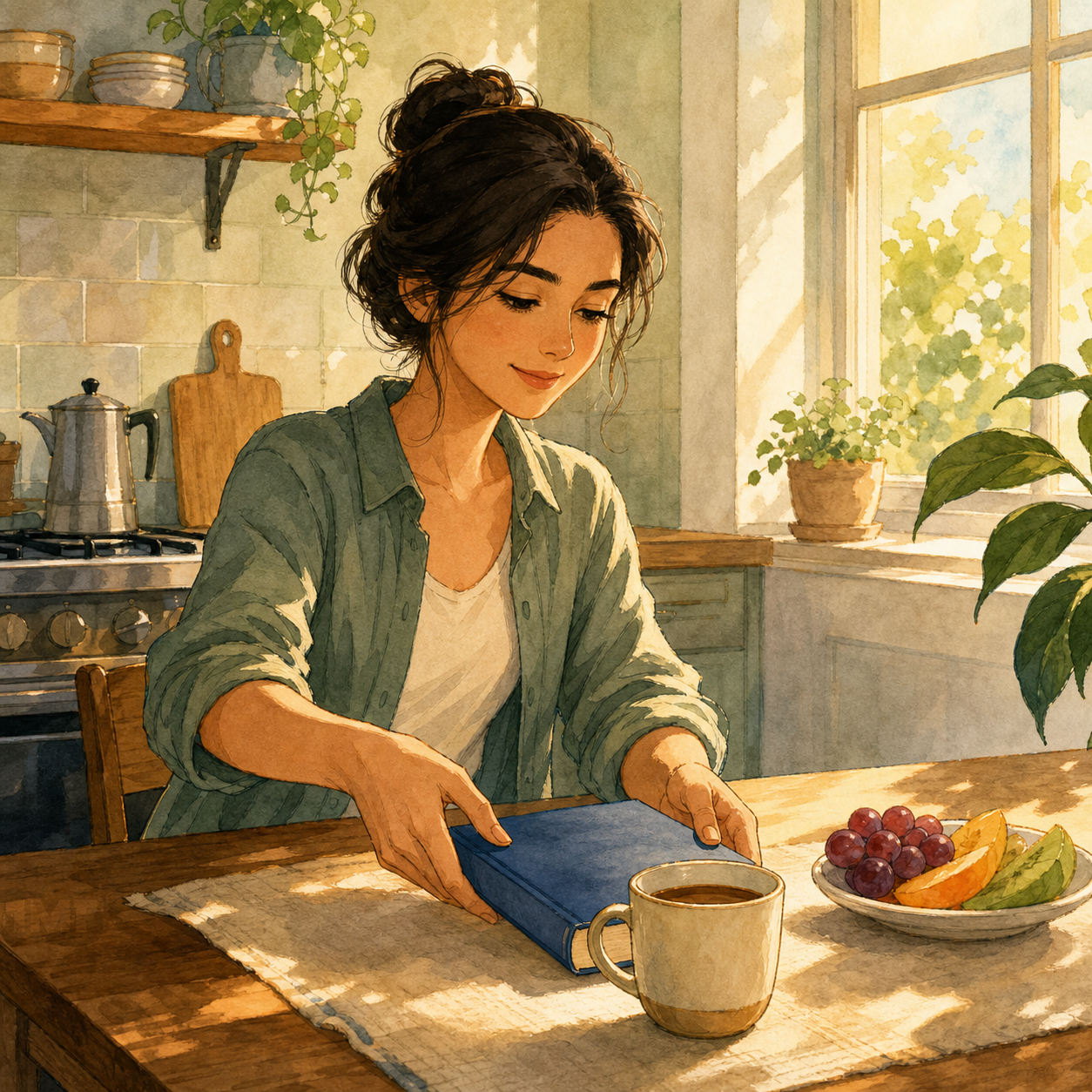 A young adult places a book beside morning coffee and fruit to begin a small reading habit.