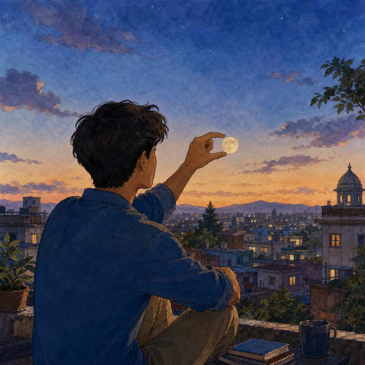 A young adult compares the Moon near the horizon with a small circle made by his fingers at twilight.