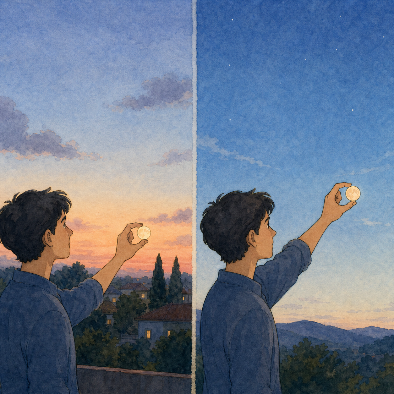 The same observer frames the Moon with the same finger circle near the horizon and high overhead.