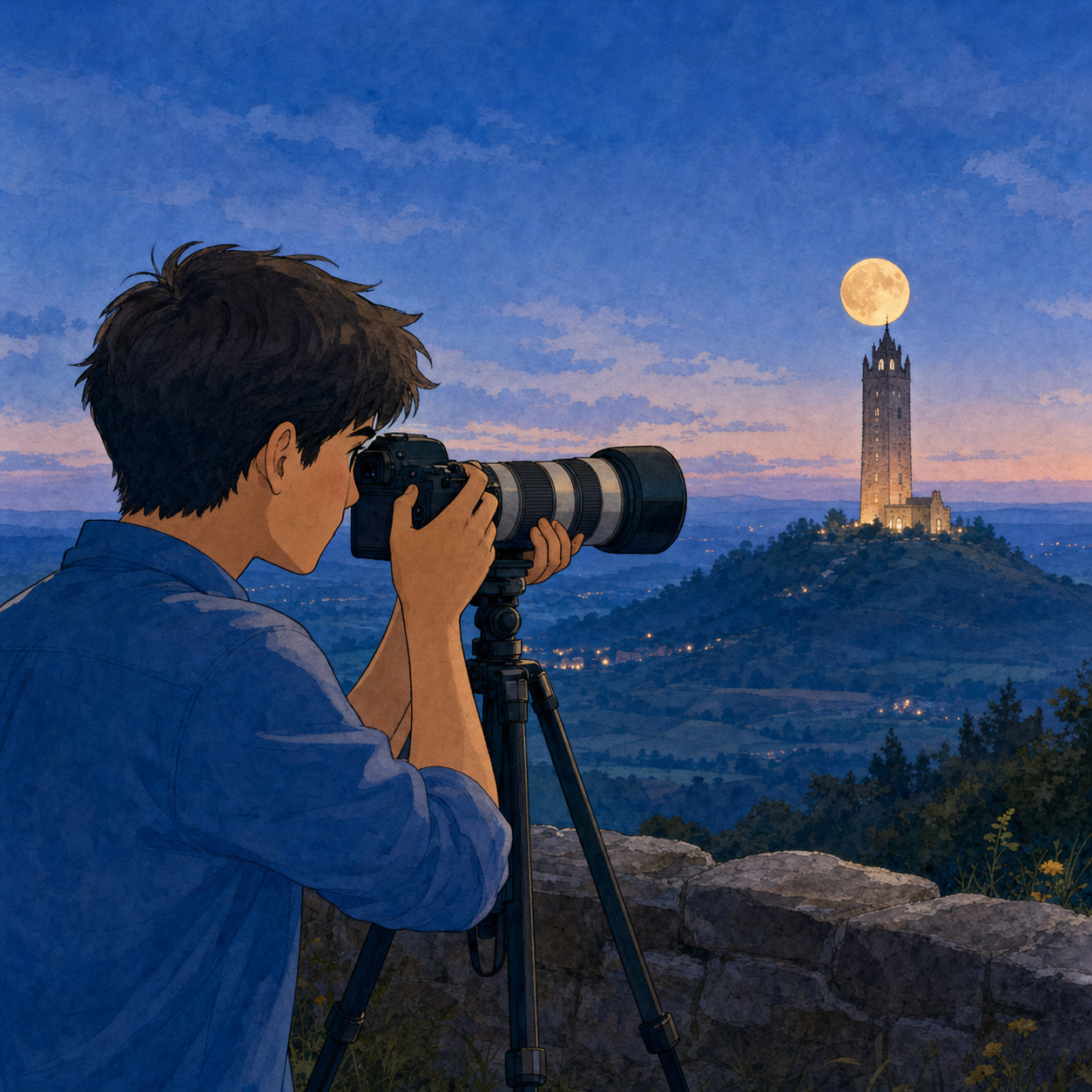 A photographer uses a long lens to frame the Moon beside a distant tower.