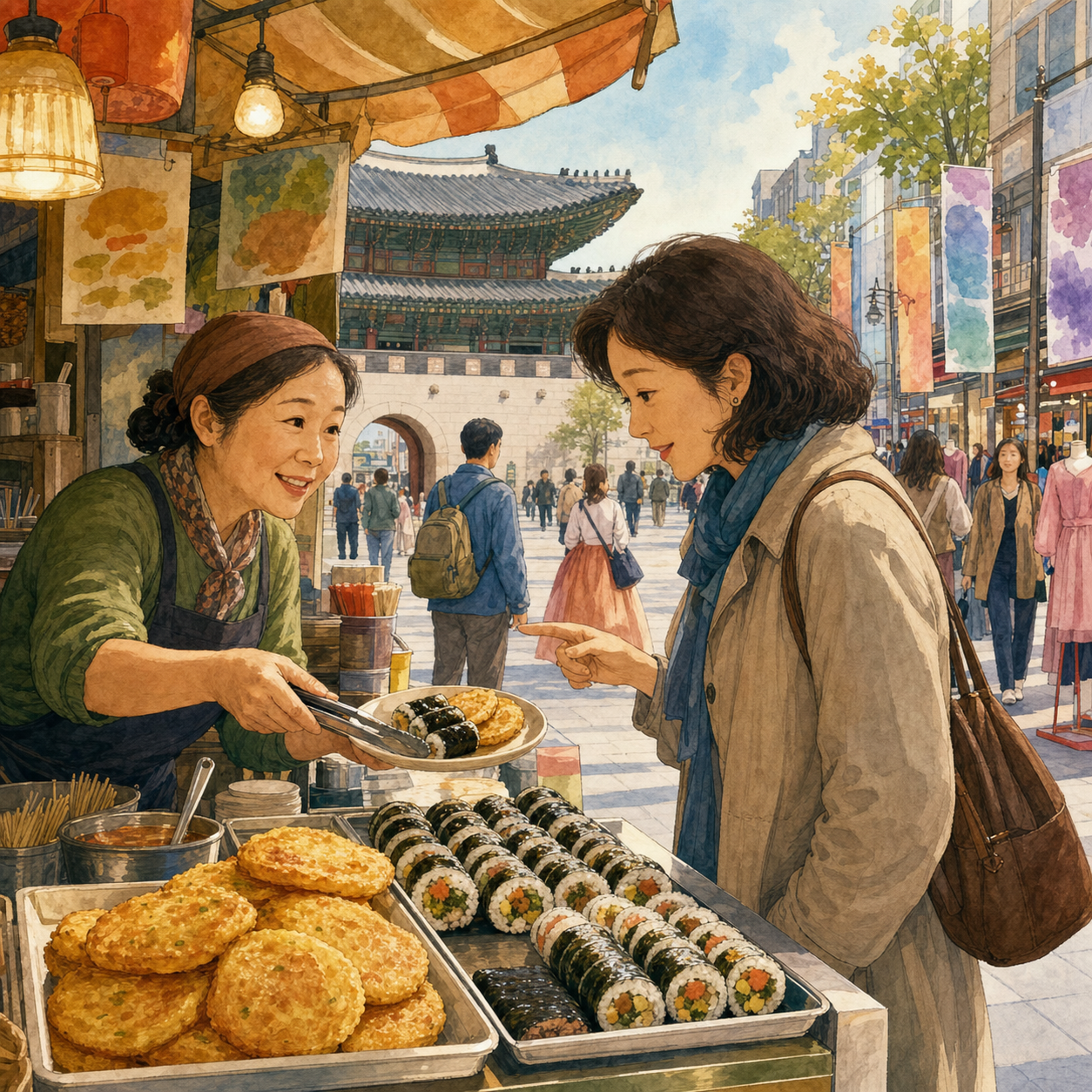 An adult traveller chooses Korean market food, with a palace gate and Seoul shopping street beyond.