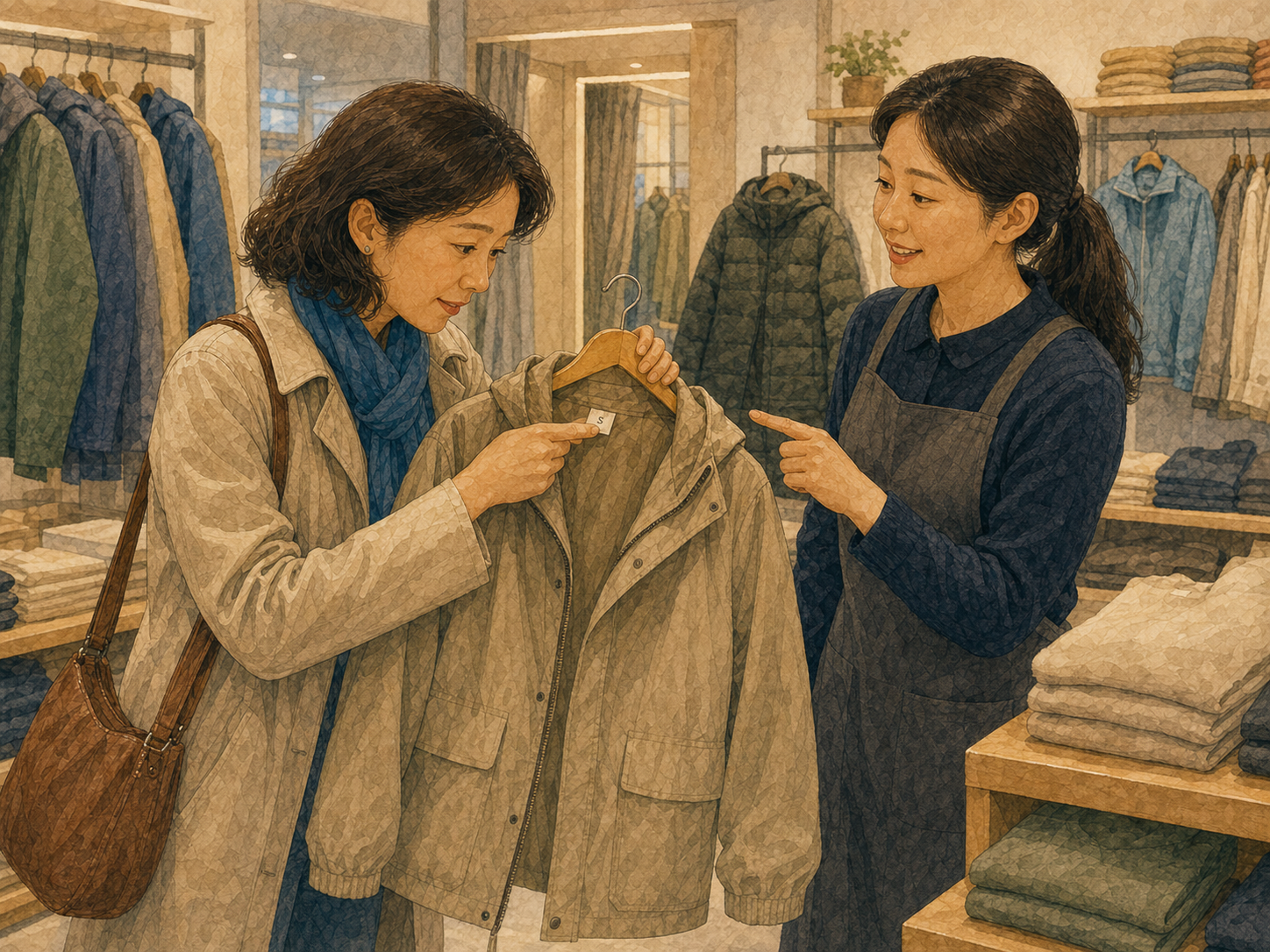 A traveller checks a jacket label while a shop assistant helps her find the right size.