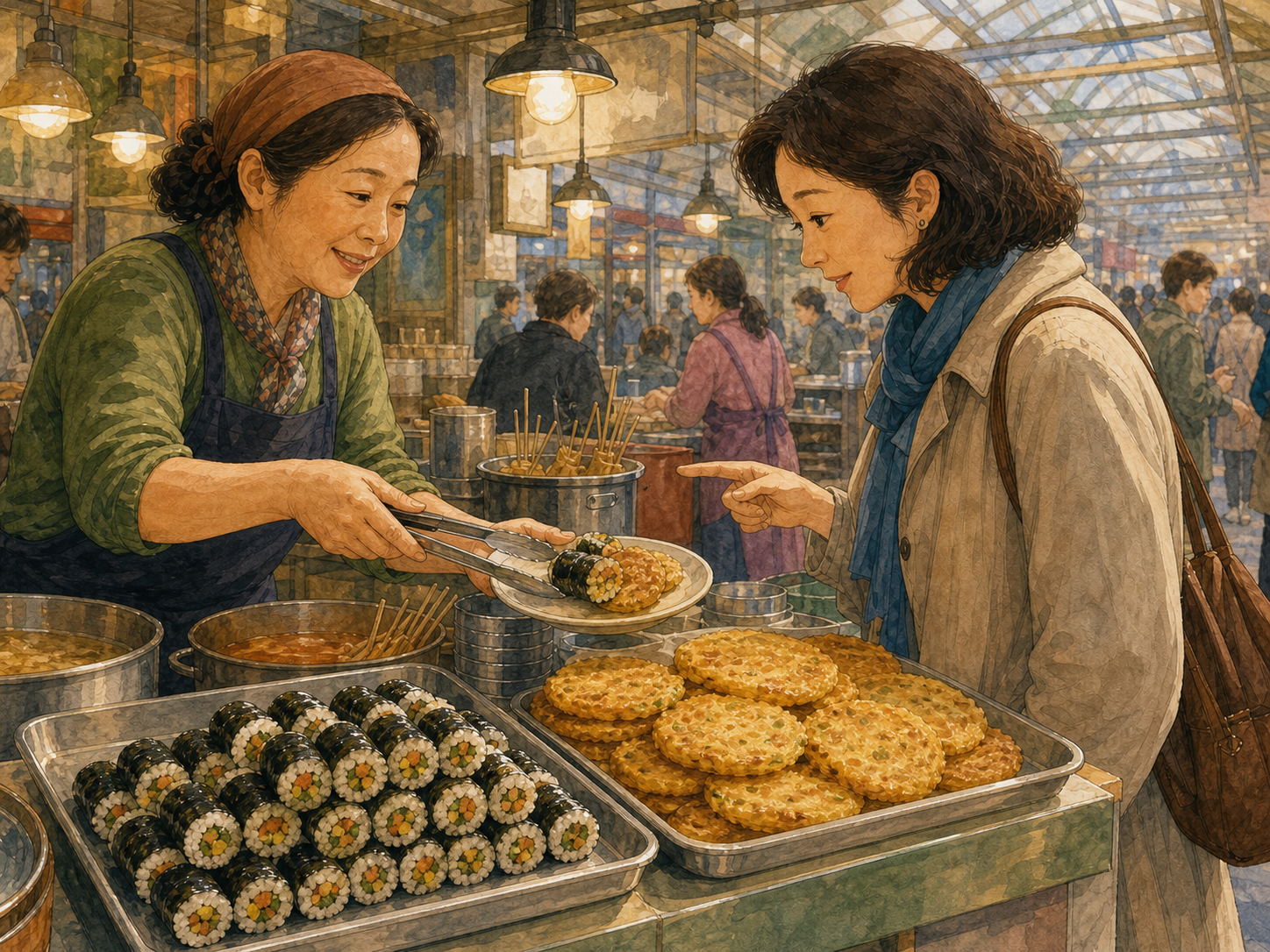A vendor serves mayak gimbap and golden nokdujeon to a traveller at a covered Seoul market.