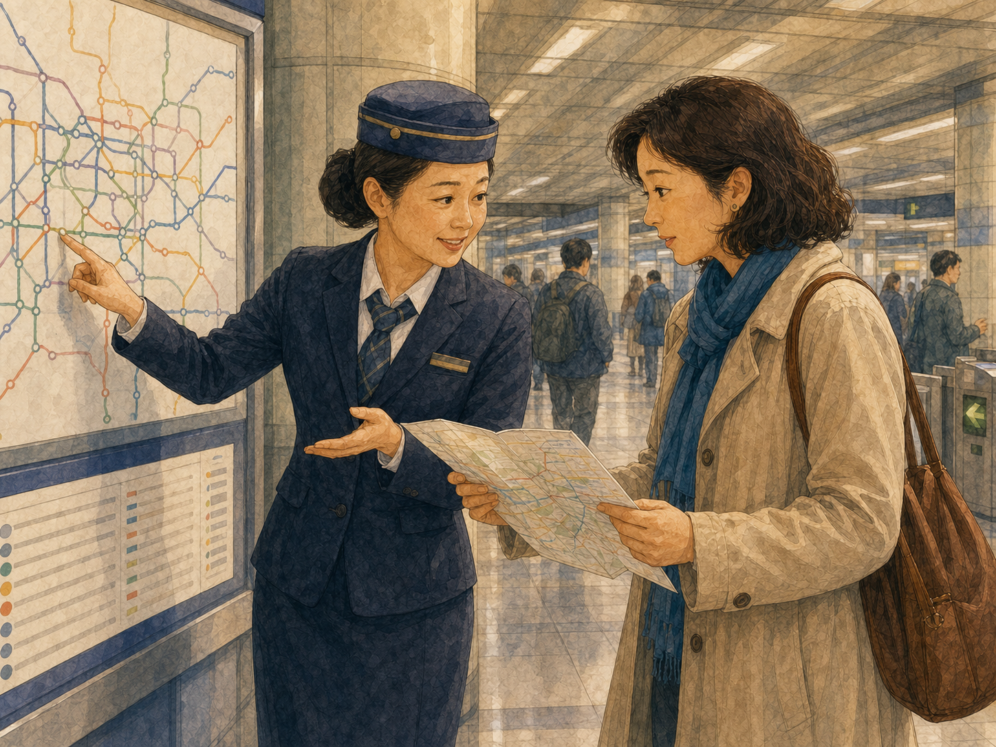 A traveller holding a paper map asks a Seoul subway worker for directions beside a route board.