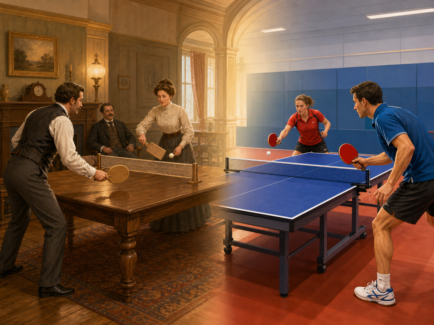 An early dining-table game in England changes into modern table tennis.