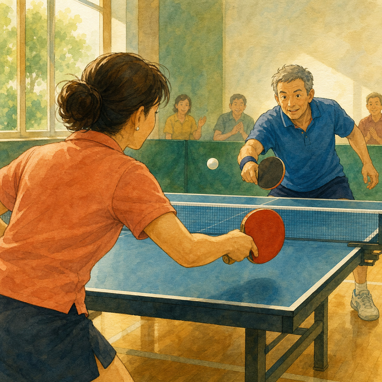 Two adults play a quick table tennis rally across a blue table.