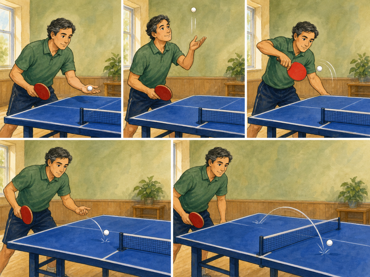 Five panels show a table tennis serve from an open palm to two table bounces.