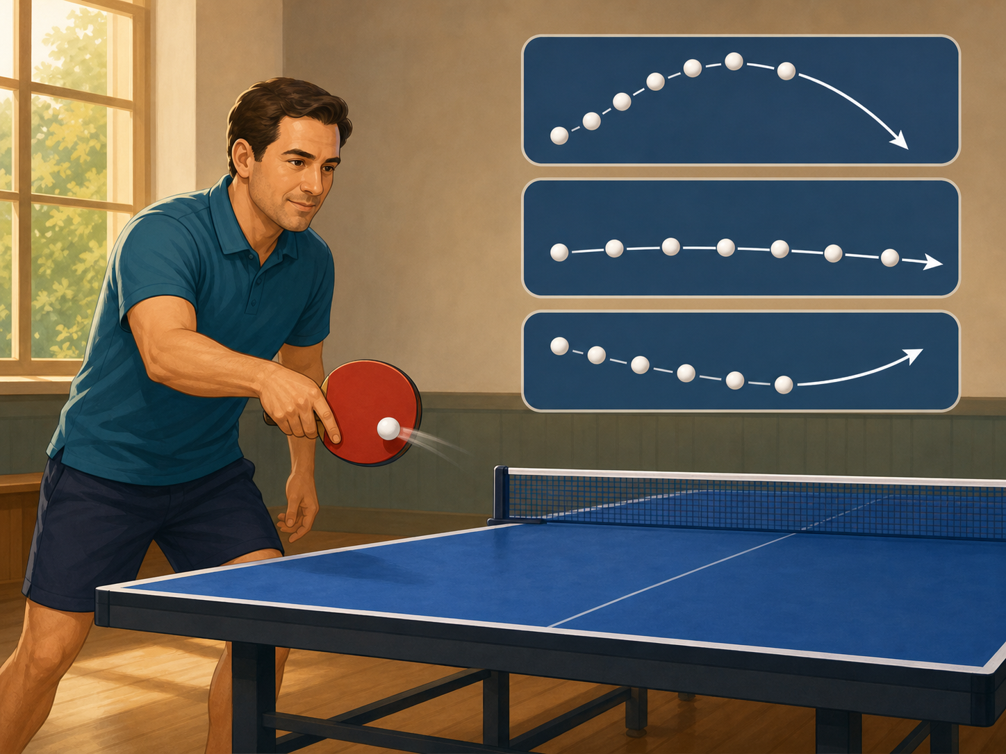 A table tennis player brushes the ball while three paths show the ball dipping, staying low, and curving.