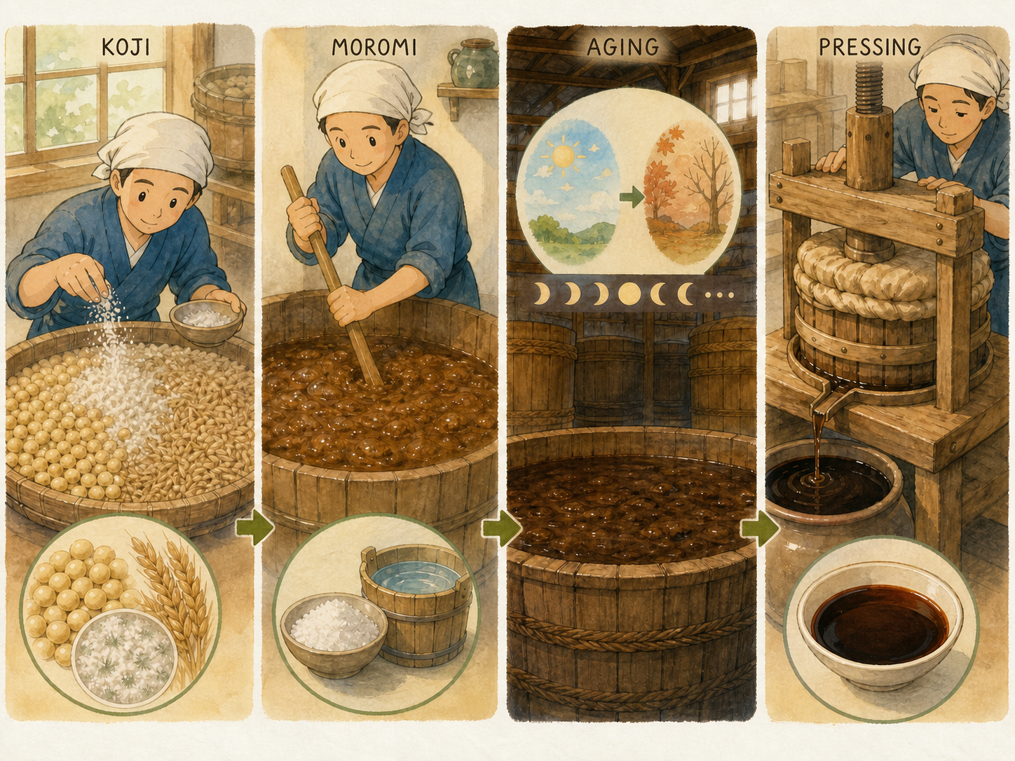 Four-stage soy sauce process from soybeans and wheat through koji, moromi aging, and pressing.