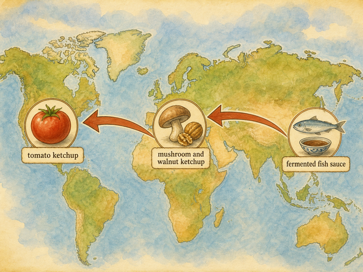 Map showing ketchup’s path from Asian fermented fish sauce to British mushroom and walnut ketchup and American tomato ketchup.