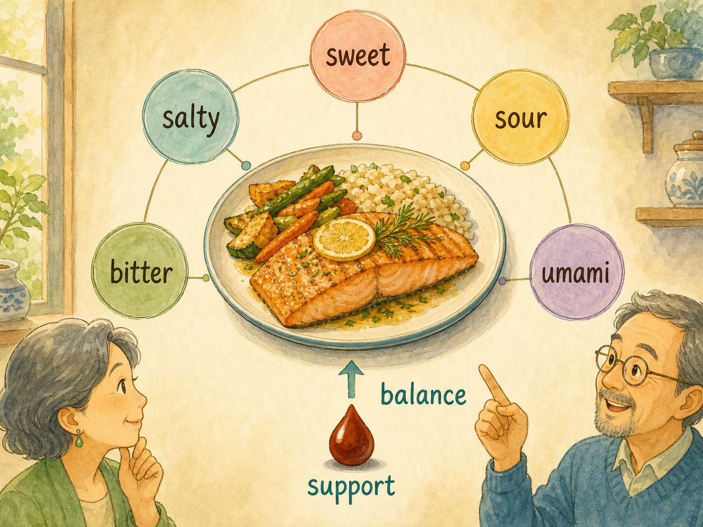 A plate surrounded by sweet, salty, sour, bitter, and umami, showing how sauce can support balance.