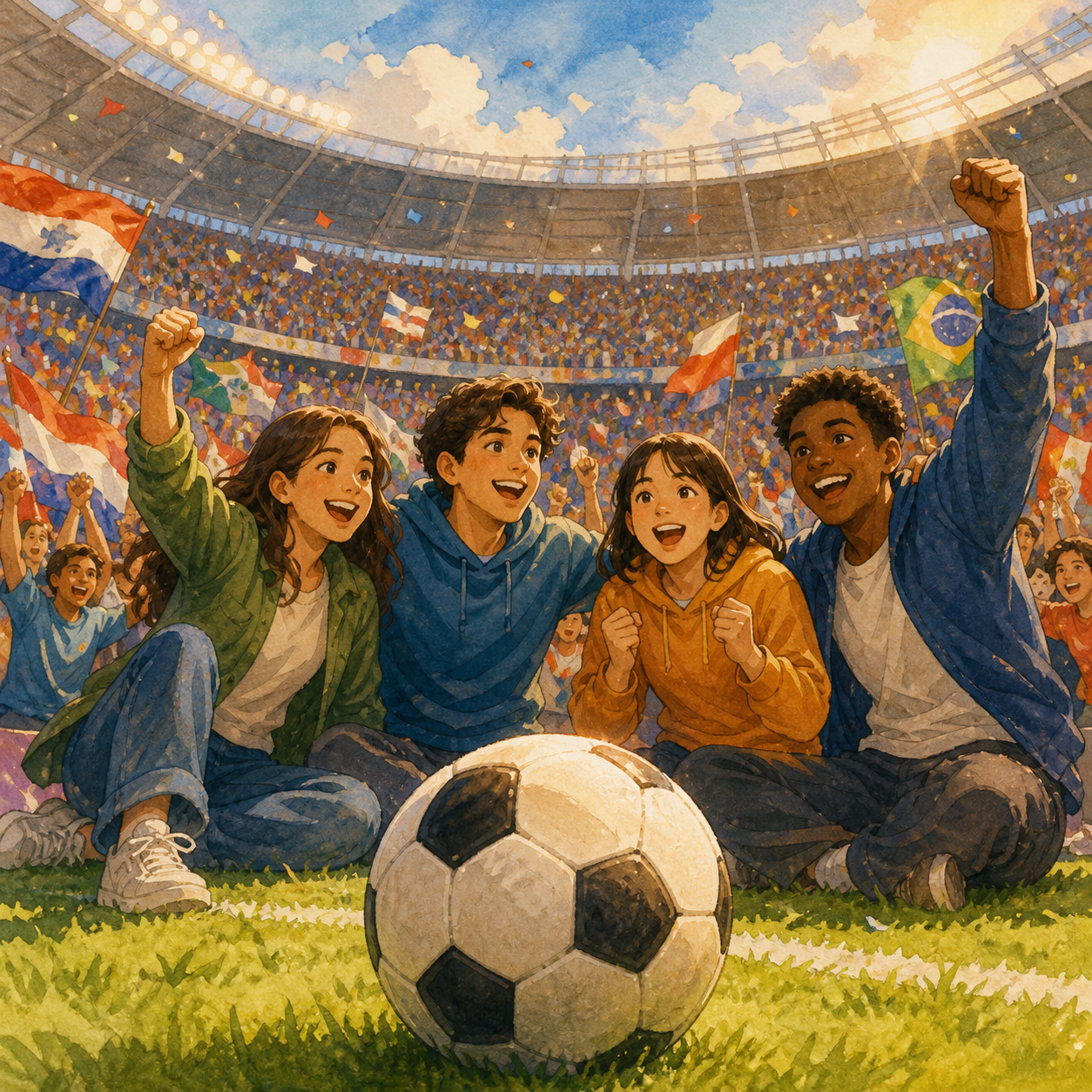 Football fans celebrate together in a bright stadium.