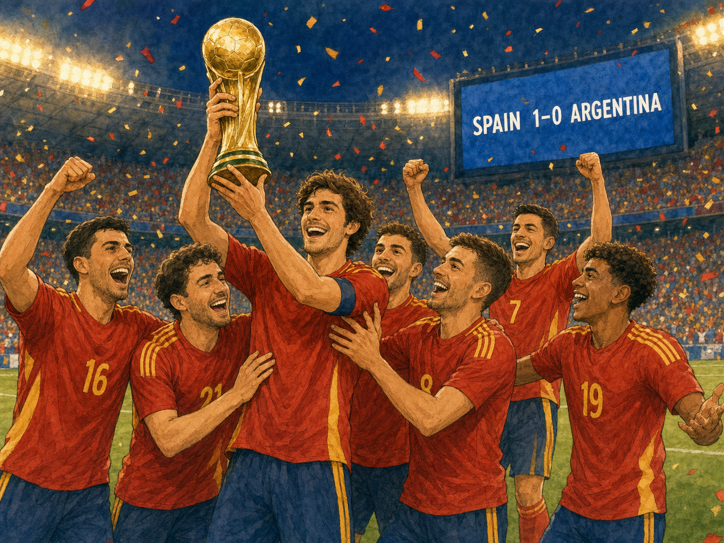 Spain celebrates the 2026 World Cup win as the scoreboard shows Spain 1-0 Argentina.