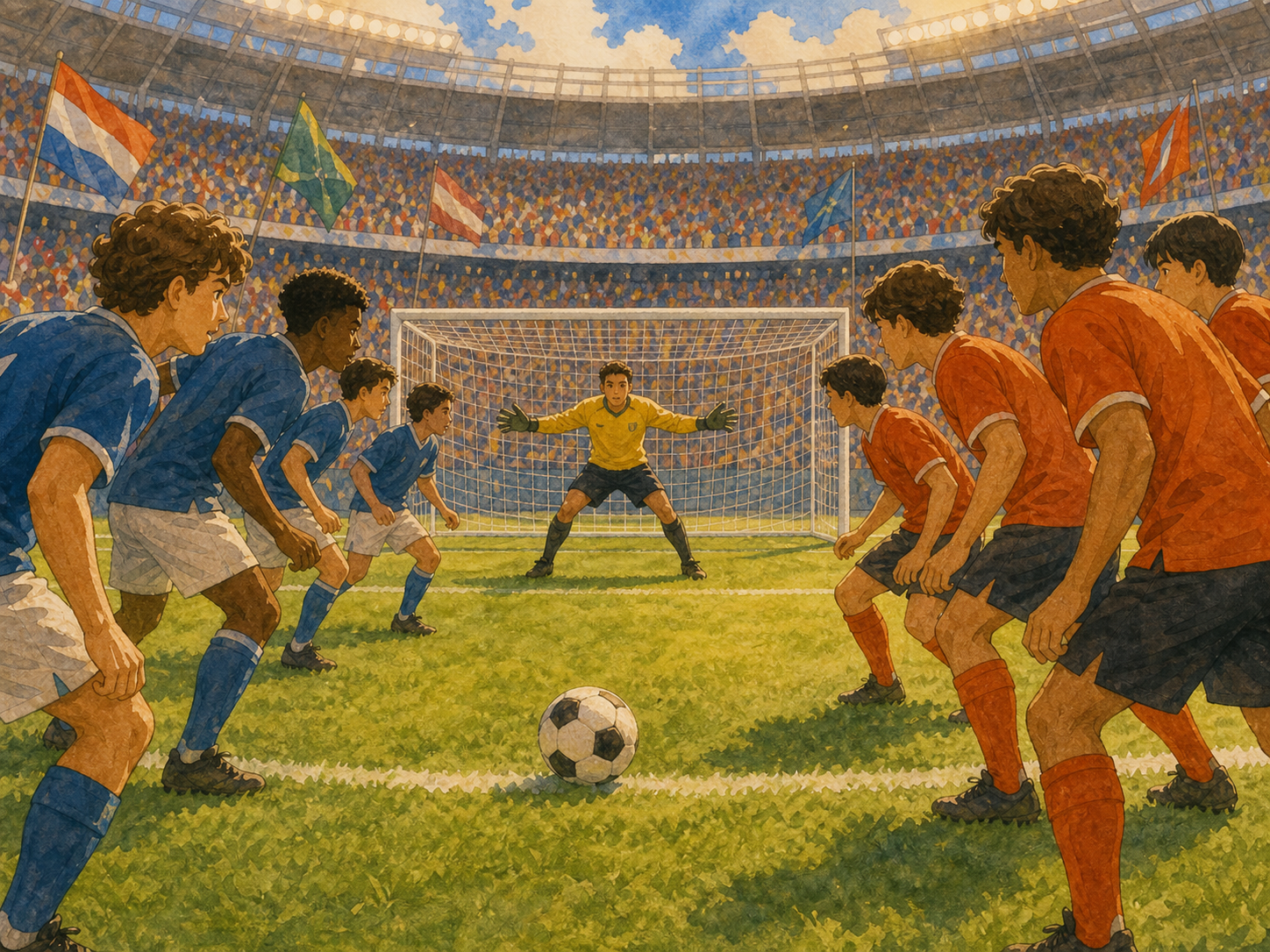 Two football teams and their goalkeepers stand on the pitch.