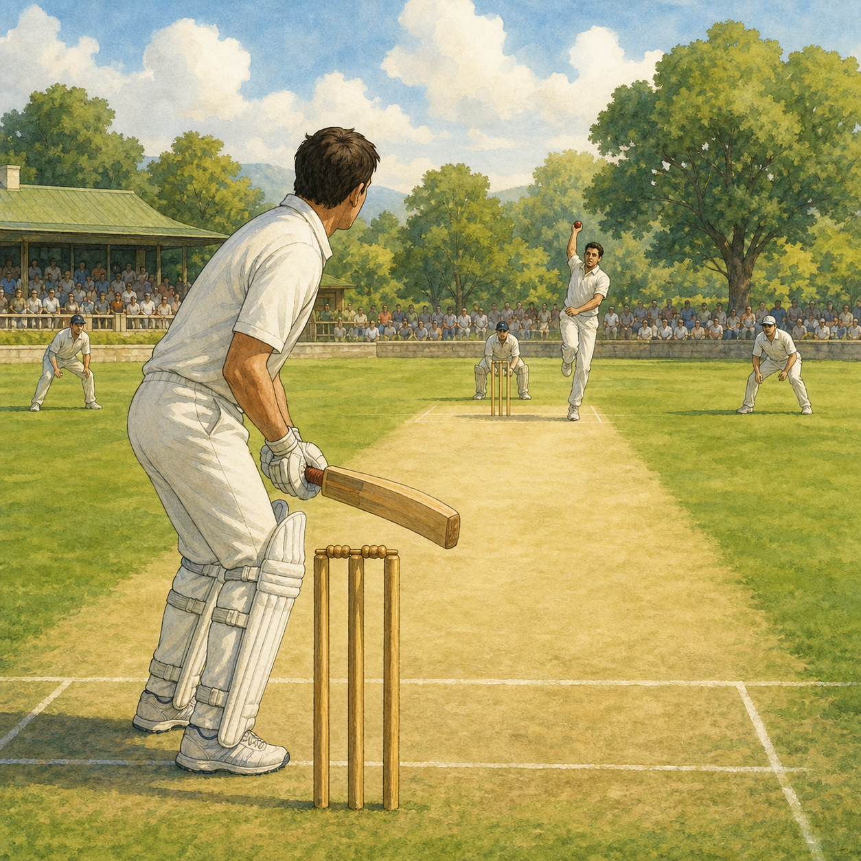 A batter waits at the wicket as a bowler runs in on a sunny cricket ground.