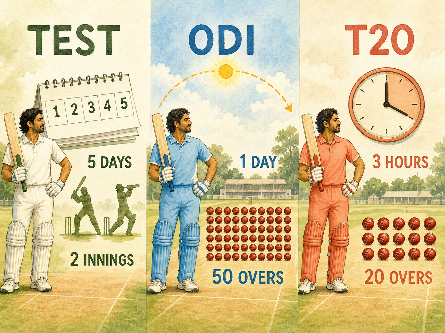 A visual comparison of Test, ODI, and T20 cricket by days, innings, overs, and hours.