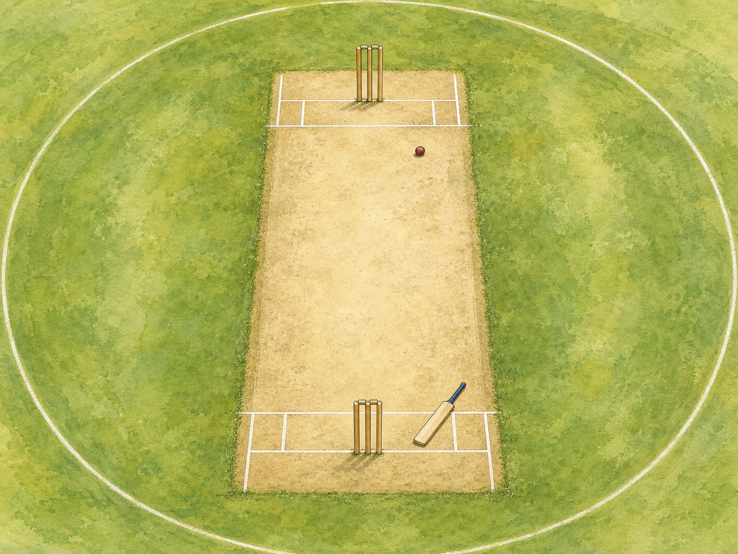 A top-down view of a cricket pitch with wickets and crease lines at both ends.