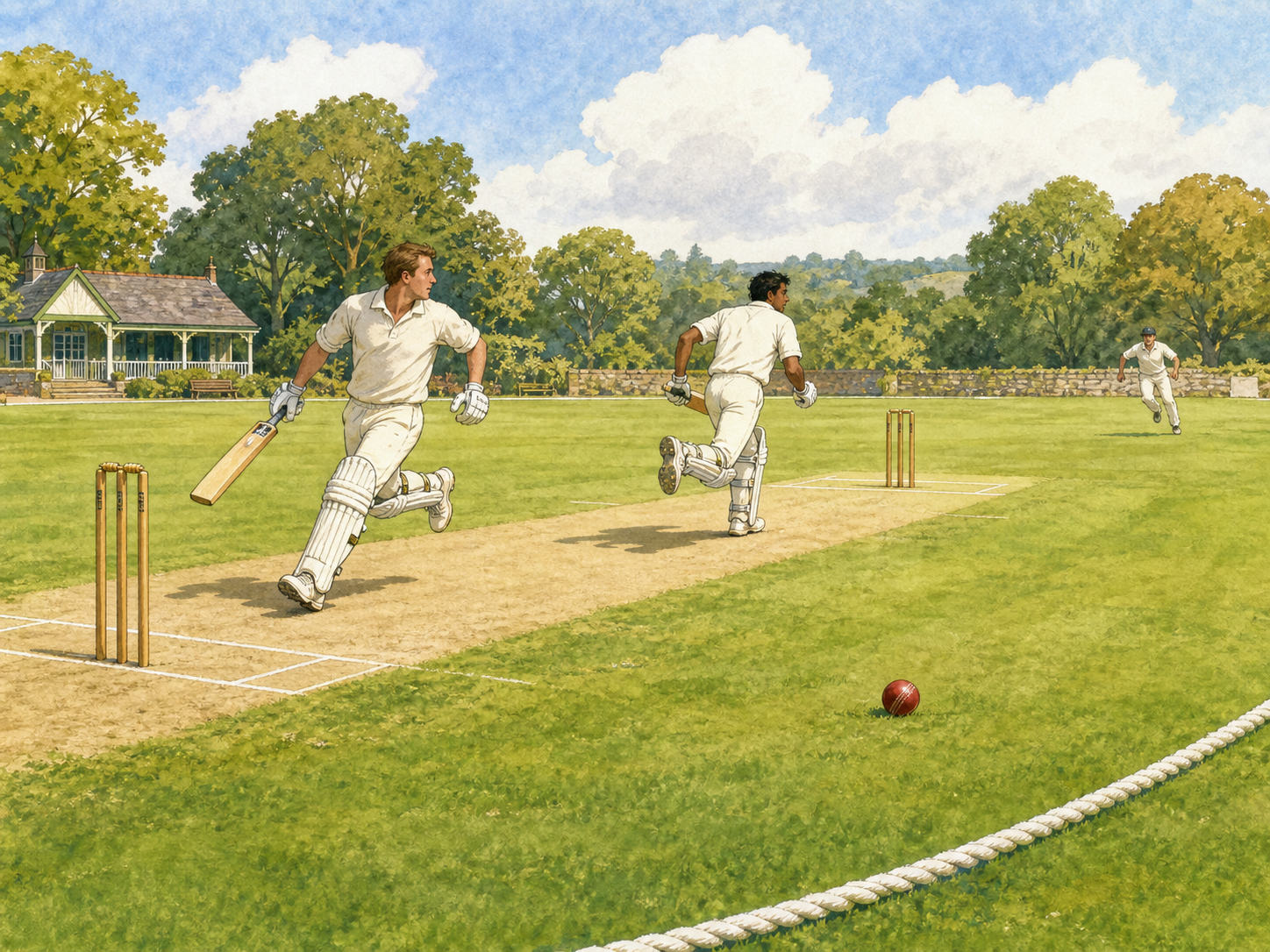 Two batters run between the wickets while the ball rolls toward the boundary rope.