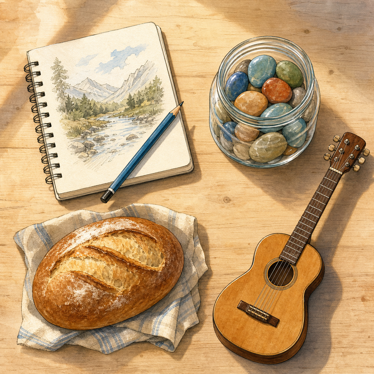 An overhead watercolor scene shows a sketchbook and pencil, a jar of colorful stones, fresh bread, and a small guitar on a wooden table.