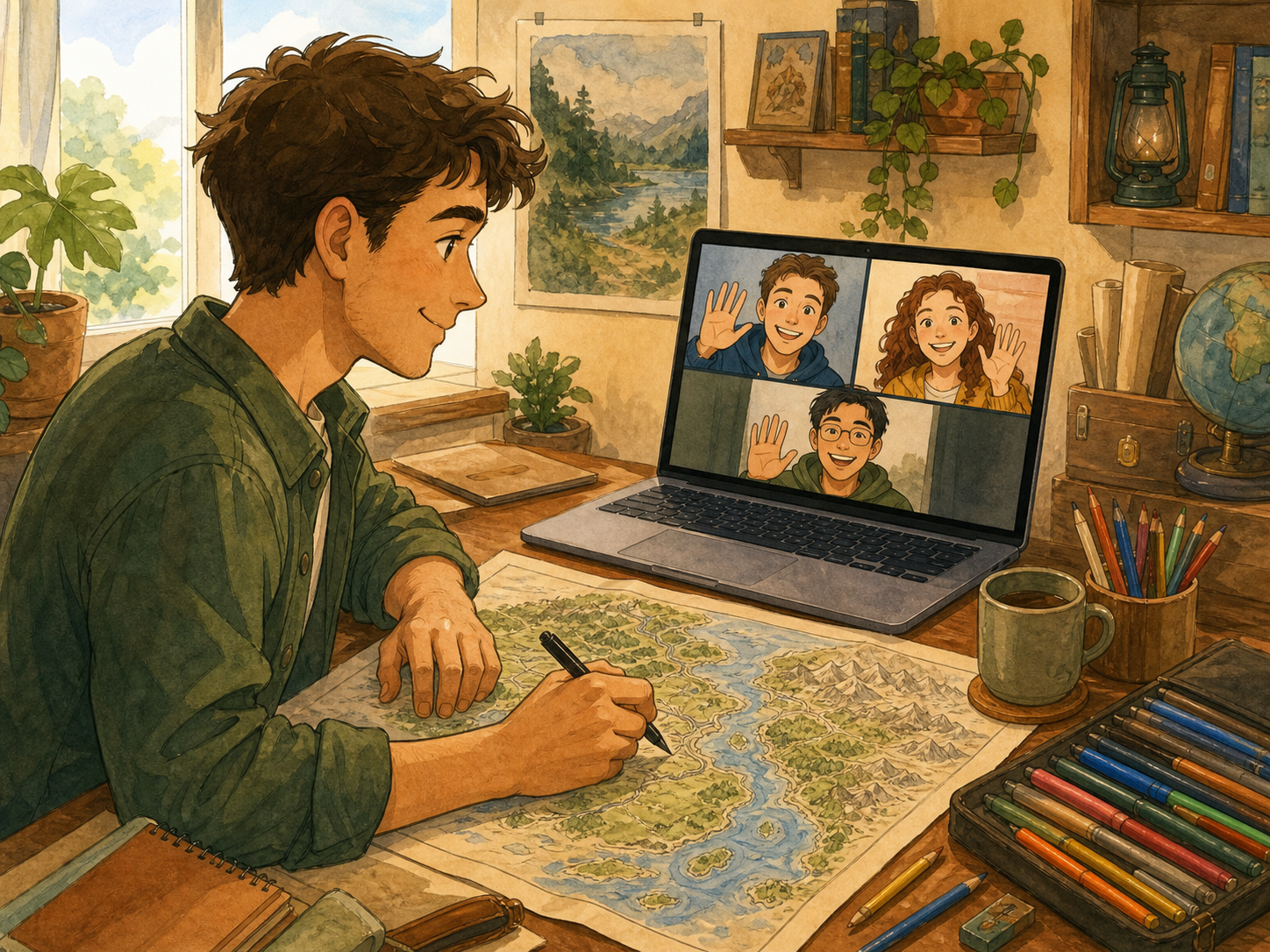 A map artist draws at a desk while three friends wave from a text-free video call.