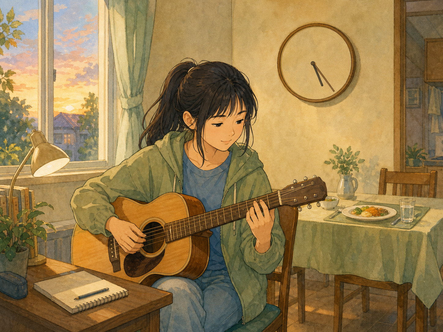 A teenager calmly practices guitar before dinner while a wordless wall clock marks the early evening.